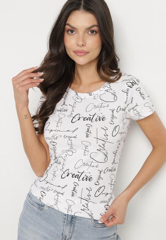 Biały T-shirt z Bawełny Zdobiony Nadrukiem z Napisami Mirindela 4
