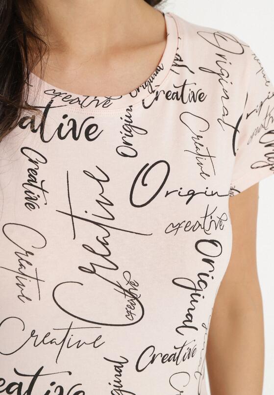 Różowy T-shirt z Bawełny Zdobiony Nadrukiem z Napisami Mirindela 5