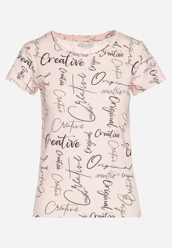 Różowy T-shirt z Bawełny Zdobiony Nadrukiem z Napisami Mirindela 6