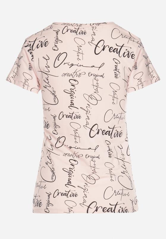 Różowy T-shirt z Bawełny Zdobiony Nadrukiem z Napisami Mirindela 7