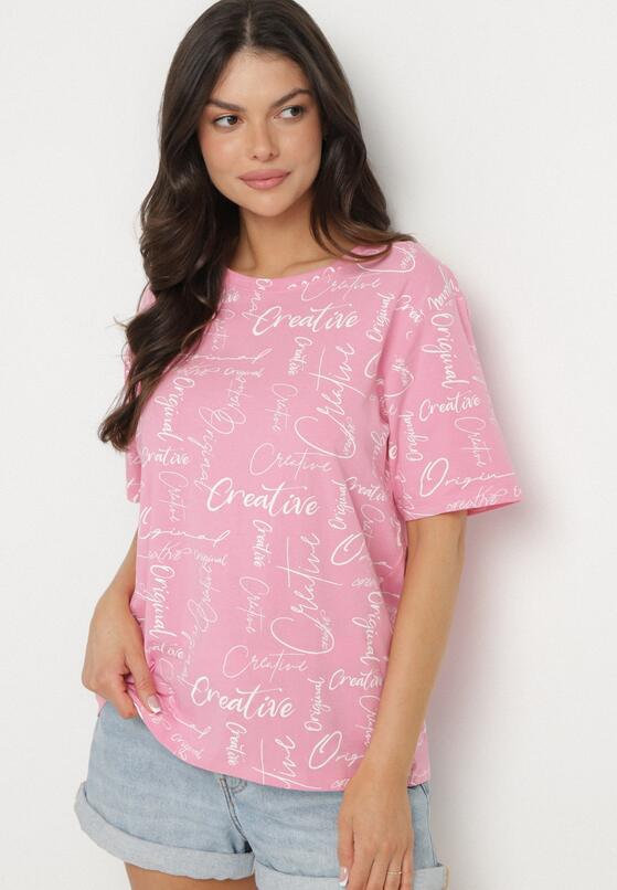 Różowy T-shirt Oversize z Bawełny Zdobiony Nadrukiem Sinelra 2