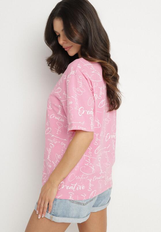 Różowy T-shirt Oversize z Bawełny Zdobiony Nadrukiem Sinelra 3
