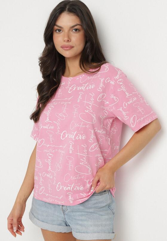 Różowy T-shirt Oversize z Bawełny Zdobiony Nadrukiem Sinelra 4