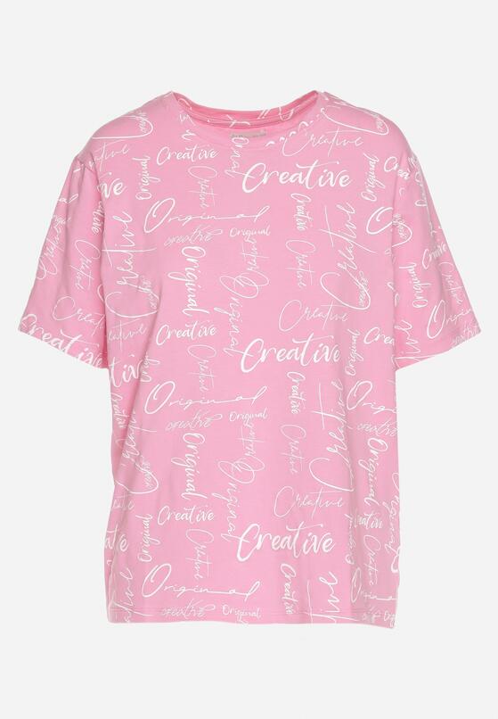 Różowy T-shirt Oversize z Bawełny Zdobiony Nadrukiem Sinelra 6
