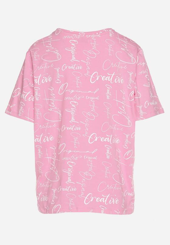 Różowy T-shirt Oversize z Bawełny Zdobiony Nadrukiem Sinelra 7