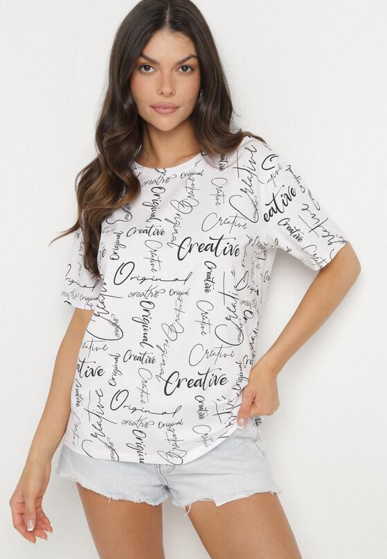 Biały T-shirt Oversize z Bawełny Zdobiony Nadrukiem Sinelra 1