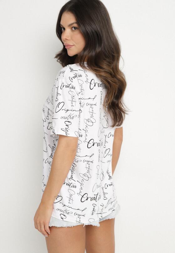 Biały T-shirt Oversize z Bawełny Zdobiony Nadrukiem Sinelra 3