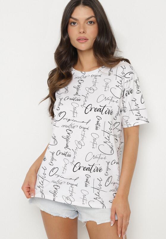 Biały T-shirt Oversize z Bawełny Zdobiony Nadrukiem Sinelra 4