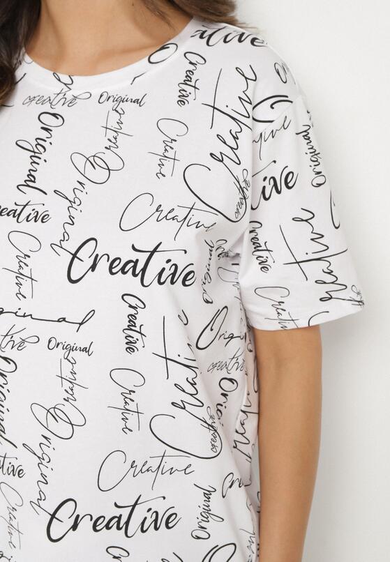 Biały T-shirt Oversize z Bawełny Zdobiony Nadrukiem Sinelra 5