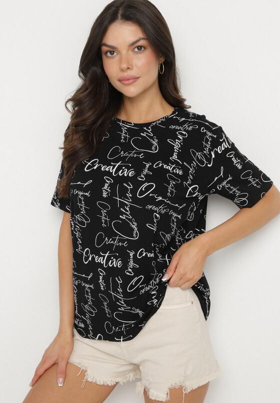 Czarny T-shirt Oversize z Bawełny Zdobiony Nadrukiem Sinelra 1