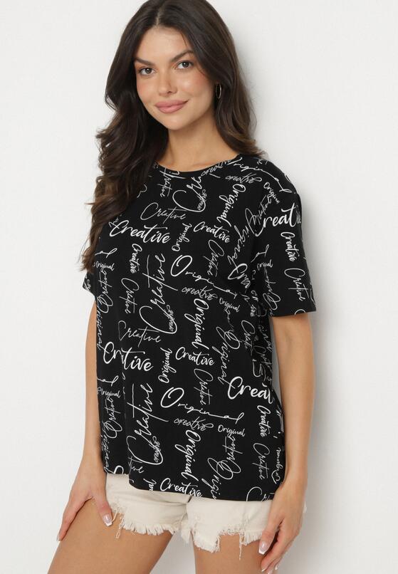 Czarny T-shirt Oversize z Bawełny Zdobiony Nadrukiem Sinelra 2
