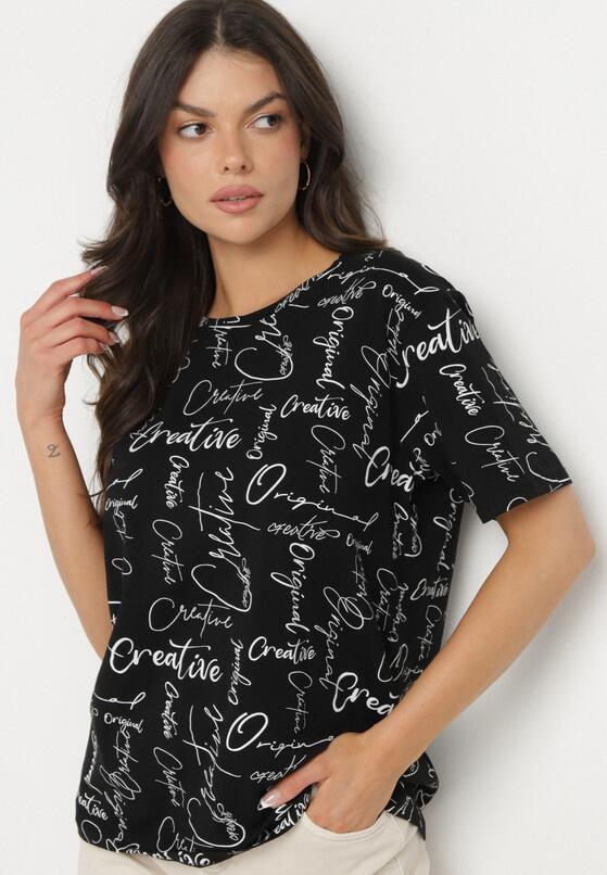 Czarny T-shirt Oversize z Bawełny Zdobiony Nadrukiem Sinelra 4