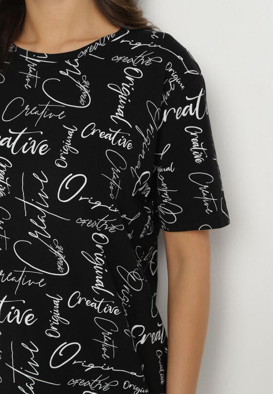 Czarny T-shirt Oversize z Bawełny Zdobiony Nadrukiem Sinelra 5