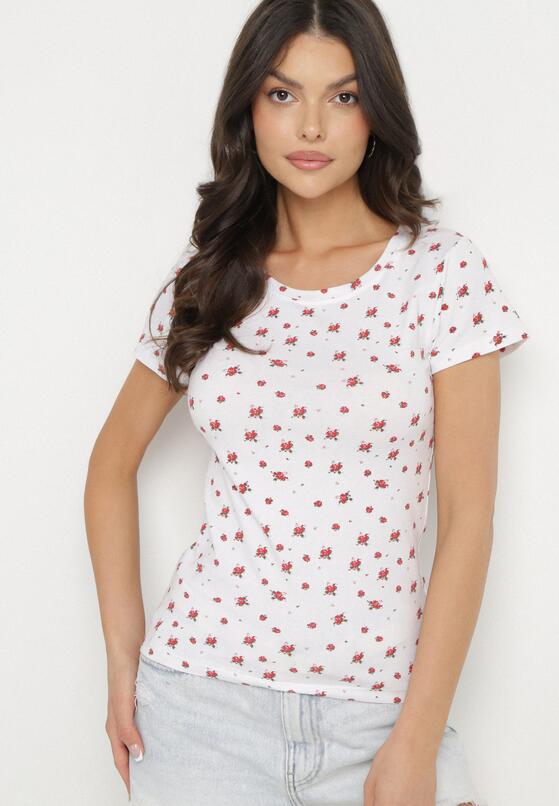 Biały Bawełniany T-shirt w Kwiatowy Wzór Savele 1