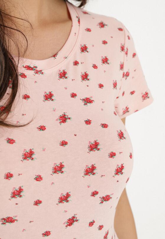 Różowy Bawełniany T-shirt w Kwiatowy Wzór Savele 5
