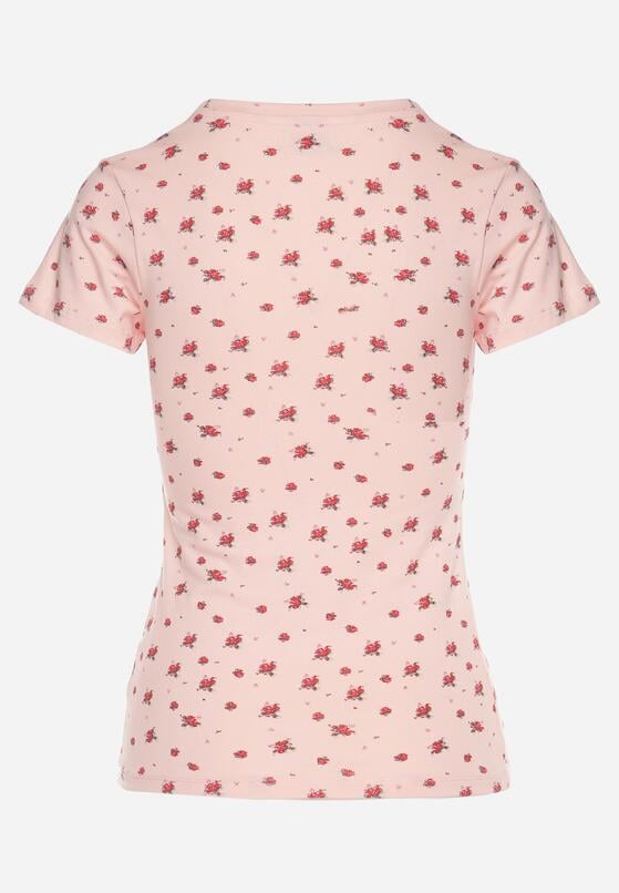 Różowy Bawełniany T-shirt w Kwiatowy Wzór Savele 7