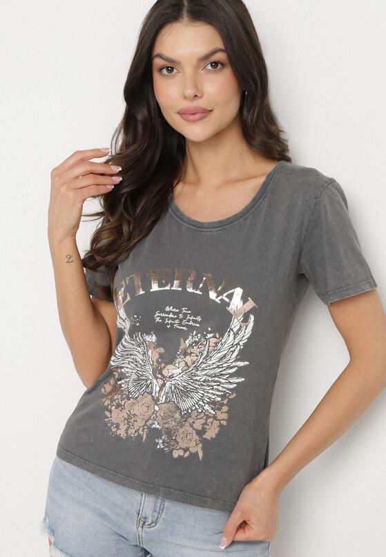 Ciemnoszary T-shirt z Bawełny z Nadrukiem Erenova 1