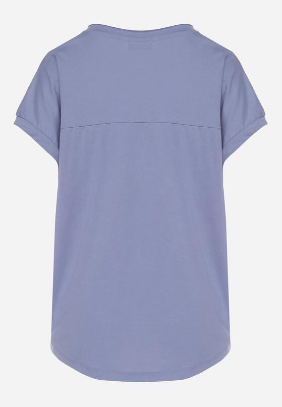 Niebieski T-shirt z Bawełny Ozdobiony Metalicznymi Napisami i Wiązaniem Savorisse 7