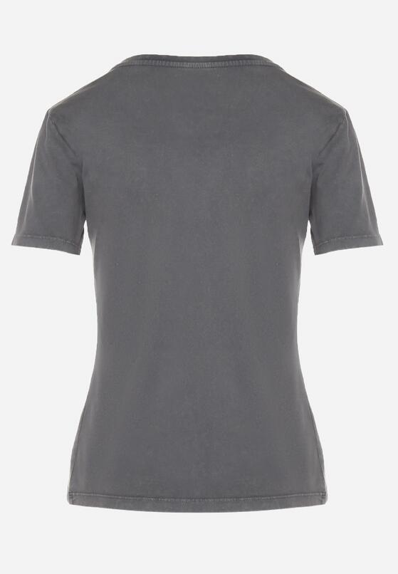 Ciemnoszary T-shirt z Bawełny Ozdobiony Napisami i Kwiatami Savierele 7