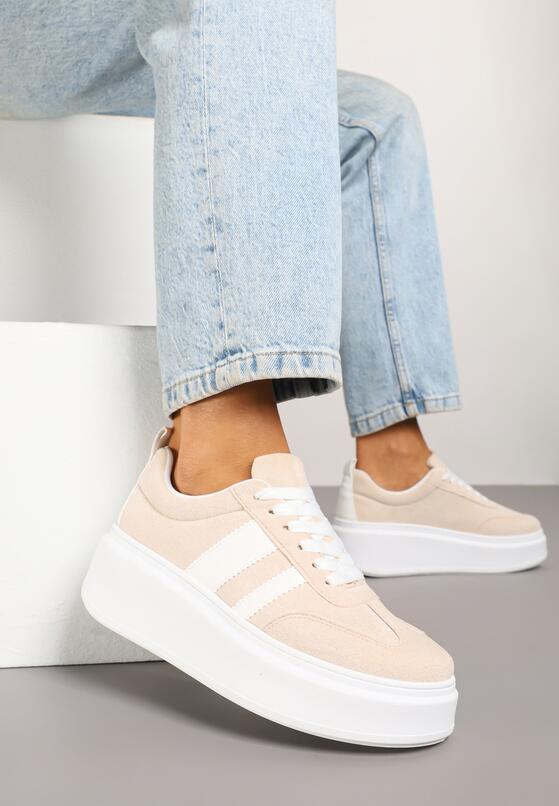 Beżowe Sneakersy w Stylu Klasycznych Tenisówek na Grubej Podeszwie Rediree 1