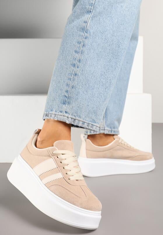 Ciemnobeżowe Sneakersy w Stylu Klasycznych Tenisówek na Grubej Podeszwie Rediree 1
