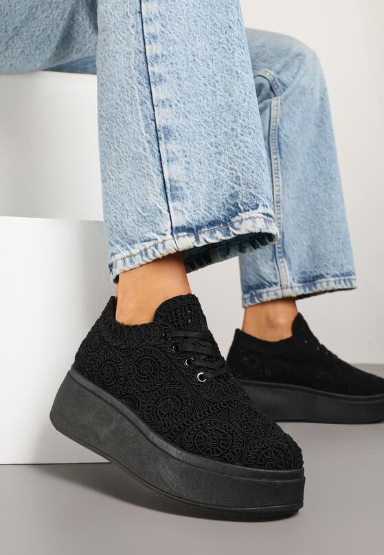 Czarne Sneakersy w Stylu Tenisówek na Platformie z Szydełkową Cholewką Filusenia 2