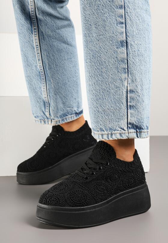 Czarne Sneakersy w Stylu Tenisówek na Platformie z Szydełkową Cholewką Filusenia 1