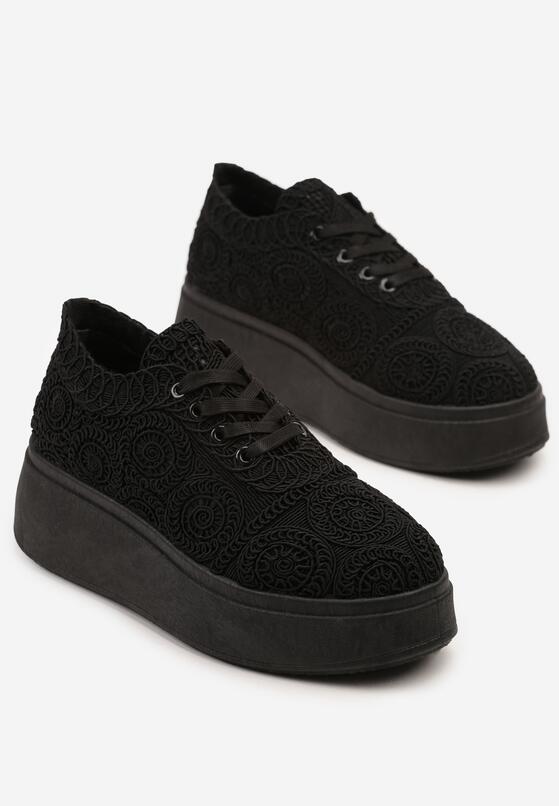 Czarne Sneakersy w Stylu Tenisówek na Platformie z Szydełkową Cholewką Filusenia 5