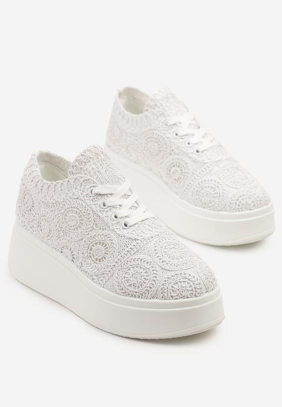 Białe Sneakersy w Stylu Tenisówek na Platformie z Szydełkową Cholewką Filusenia 5