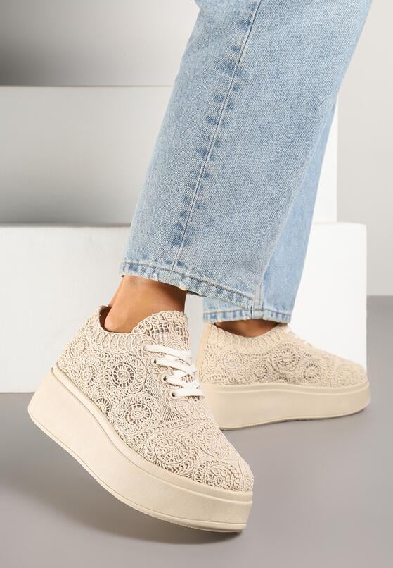 Beżowe Sneakersy w Stylu Tenisówek na Platformie z Szydełkową Cholewką Filusenia 1