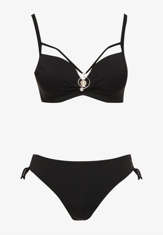 Czarne Bikini Biustonosz z Aplikacją i Majtki Figi ze Ściągaczami Ulosella 5