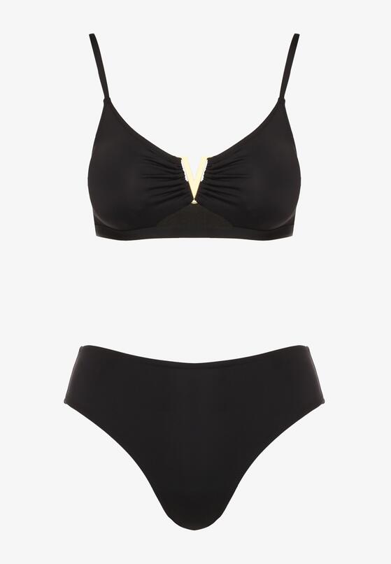 Czarne Bikini Biustonosz z Metaliczną Ozdobą i Majtki Figi Kinirela 5