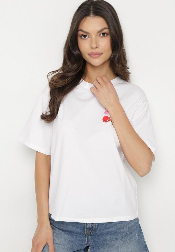 Biały T-shirt z Bawełną Cyrkoniami i Motywem Wiśni Linmira 2
