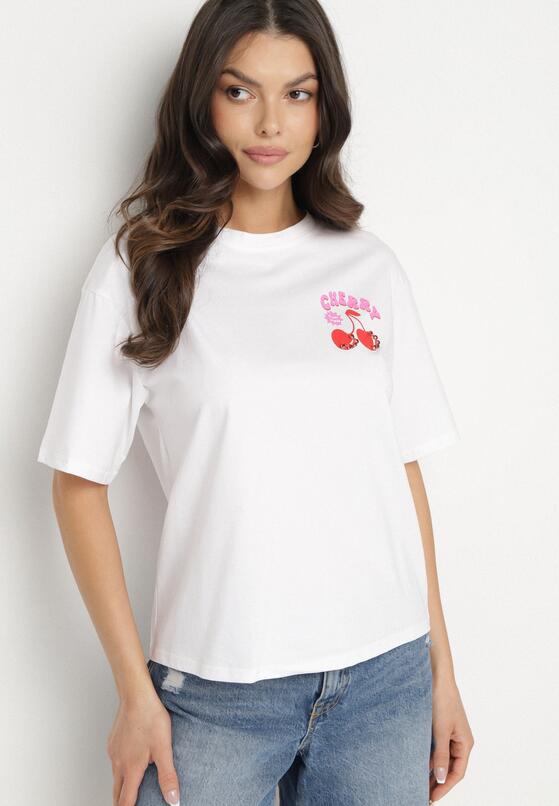 Biały T-shirt z Bawełną Cyrkoniami i Motywem Wiśni Linmira 4