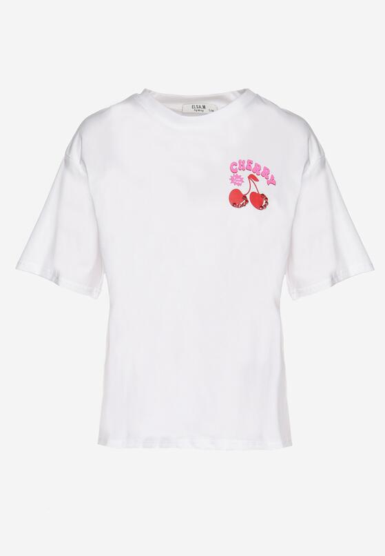 Biały T-shirt z Bawełną Cyrkoniami i Motywem Wiśni Linmira 6