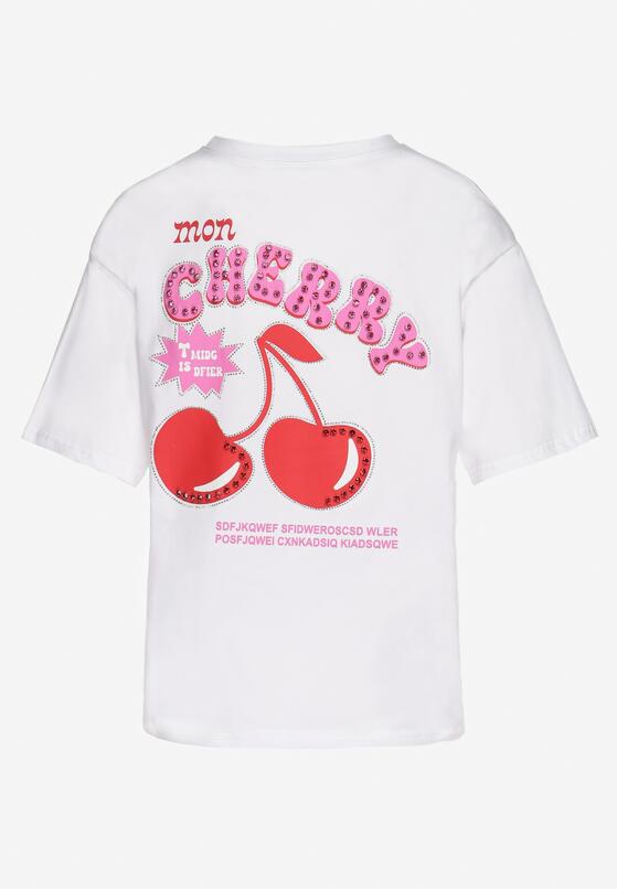 Biały T-shirt z Bawełną Cyrkoniami i Motywem Wiśni Linmira 7