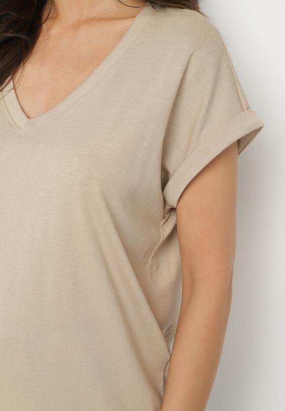 Beżowy T-shirt z Bawełny z Trójkątnym Dekoltem Lireande 5