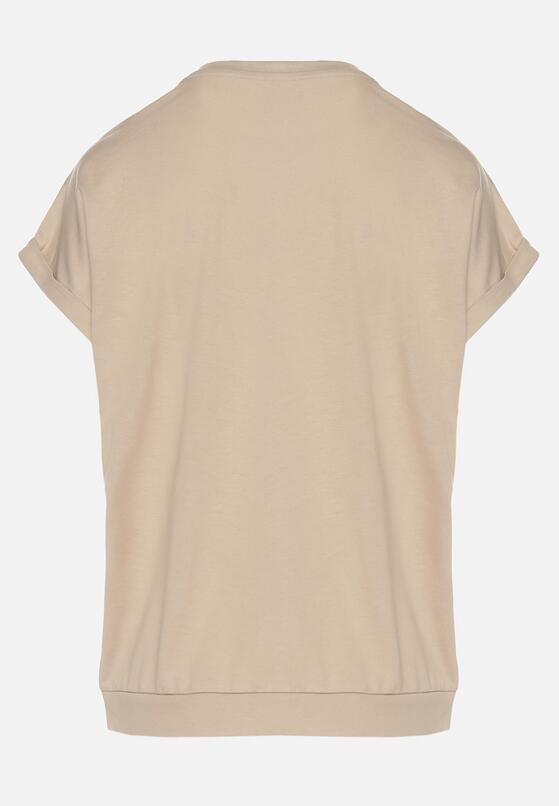 Beżowy T-shirt z Bawełny z Trójkątnym Dekoltem Lireande 7