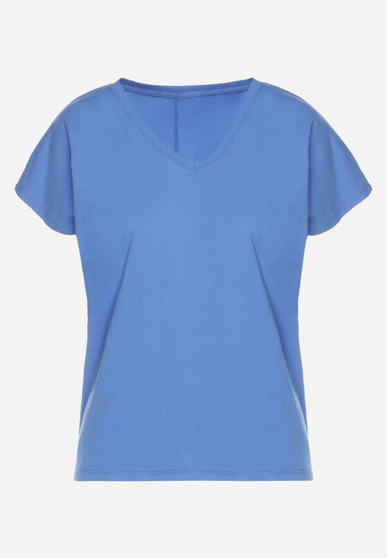 Niebieski Bawełniany T-shirt z Trójkątnym Dekoltem Linarosea 6