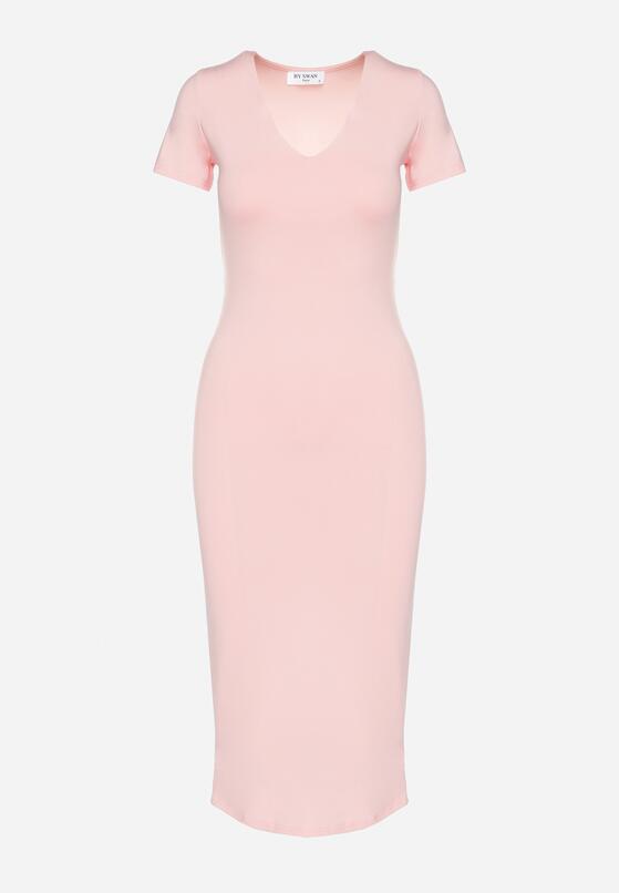 Różowa Sukienka Dopasowana Bodycon z Dekoltem w Serek Efricene 6