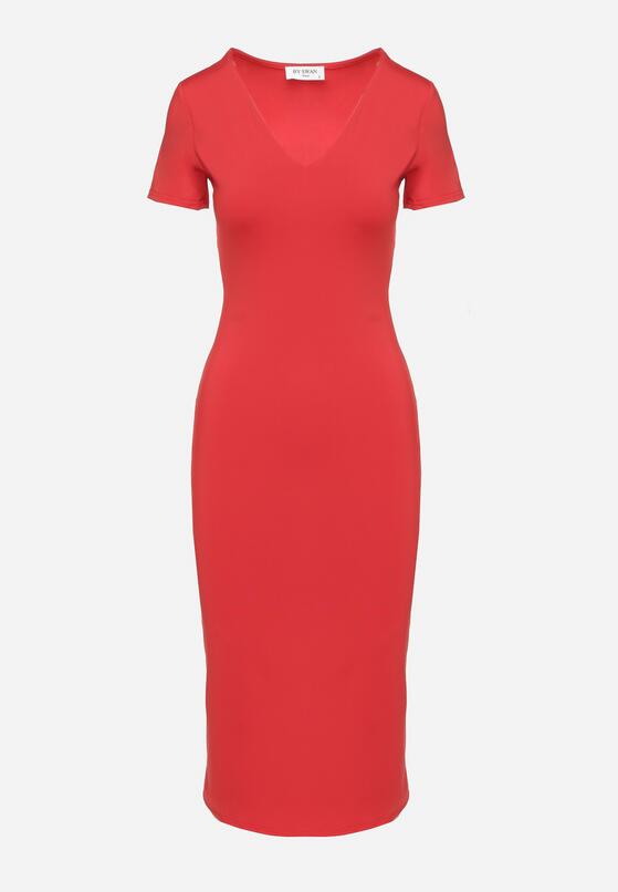 Czerwona Sukienka Dopasowana Bodycon z Dekoltem w Serek Efricene 6