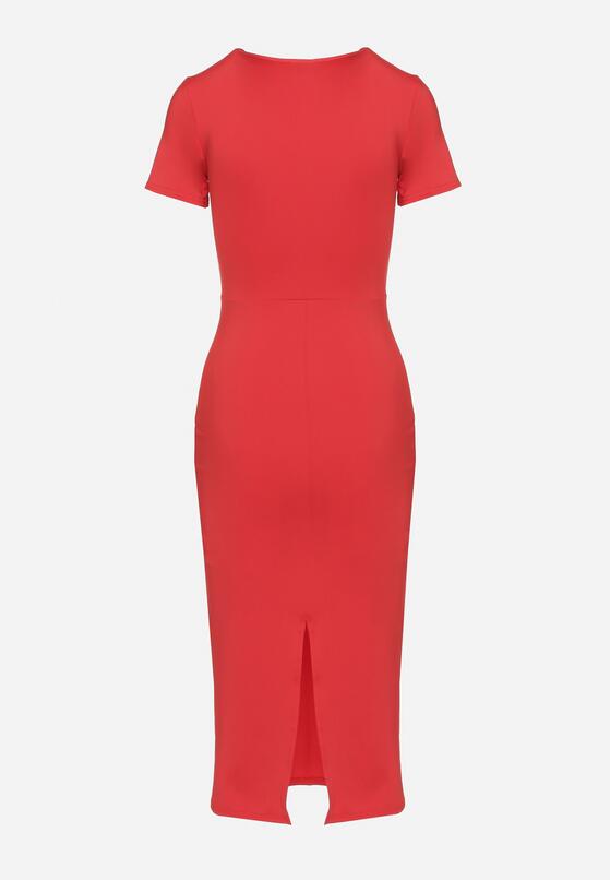 Czerwona Sukienka Dopasowana Bodycon z Dekoltem w Serek Efricene 7
