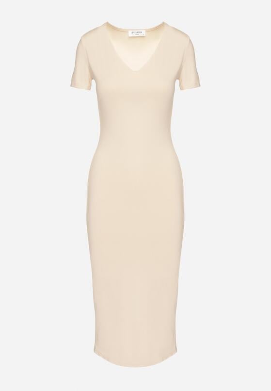 Jasnobeżowa Sukienka Dopasowana Bodycon z Dekoltem w Serek Efricene 6