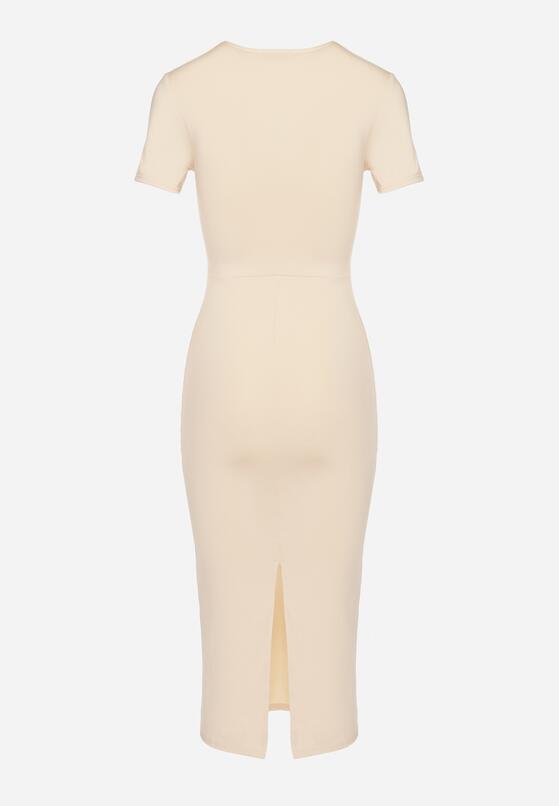 Jasnobeżowa Sukienka Dopasowana Bodycon z Dekoltem w Serek Efricene 7