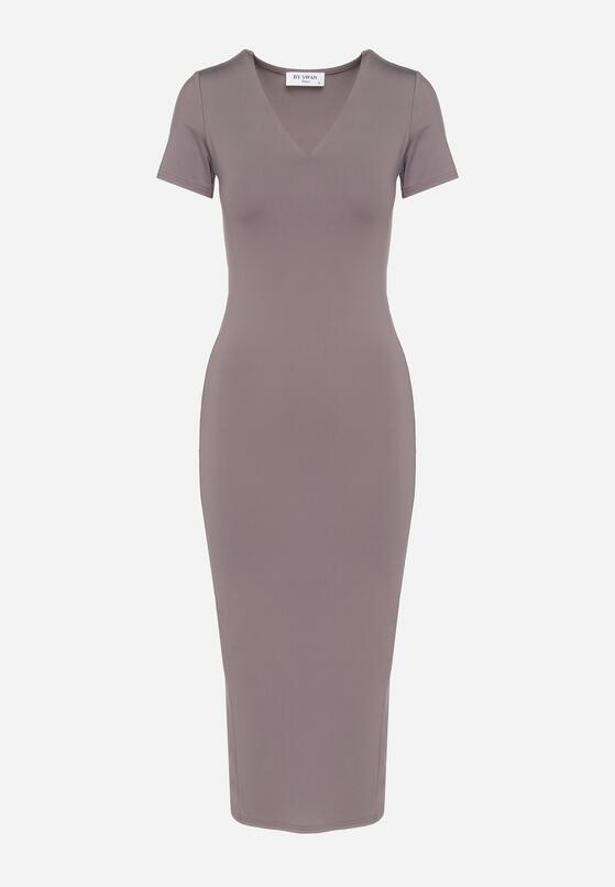 Szara Sukienka Dopasowana Bodycon z Dekoltem w Serek Efricene 6