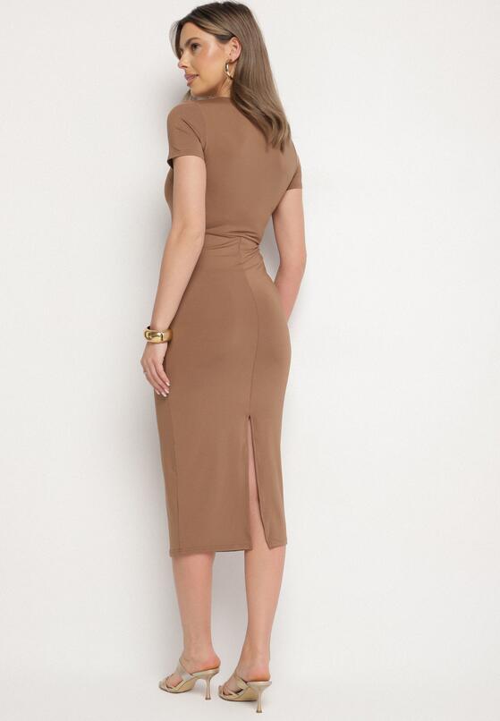 Brązowa Sukienka Dopasowana Bodycon z Dekoltem w Serek Efricene 3