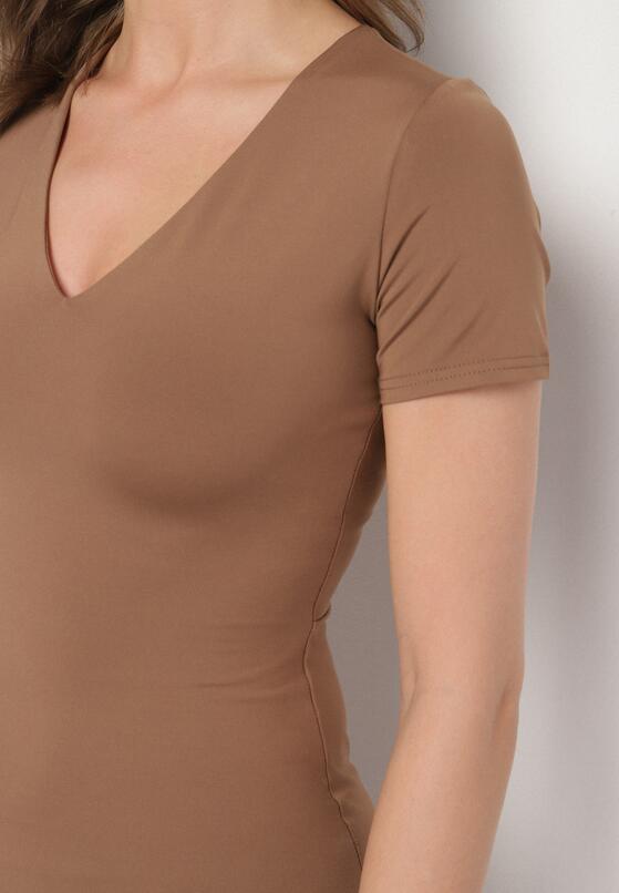 Brązowa Sukienka Dopasowana Bodycon z Dekoltem w Serek Efricene 5