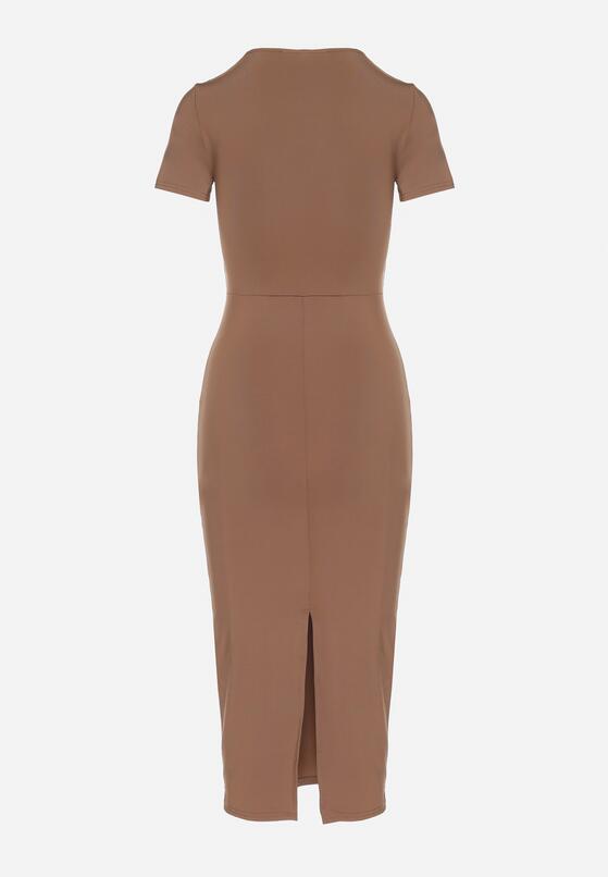 Brązowa Sukienka Dopasowana Bodycon z Dekoltem w Serek Efricene 7