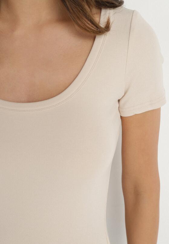Jasnobeżowy T-shirt z Bawełny z Okrągłym Dekoltem Efruna 5