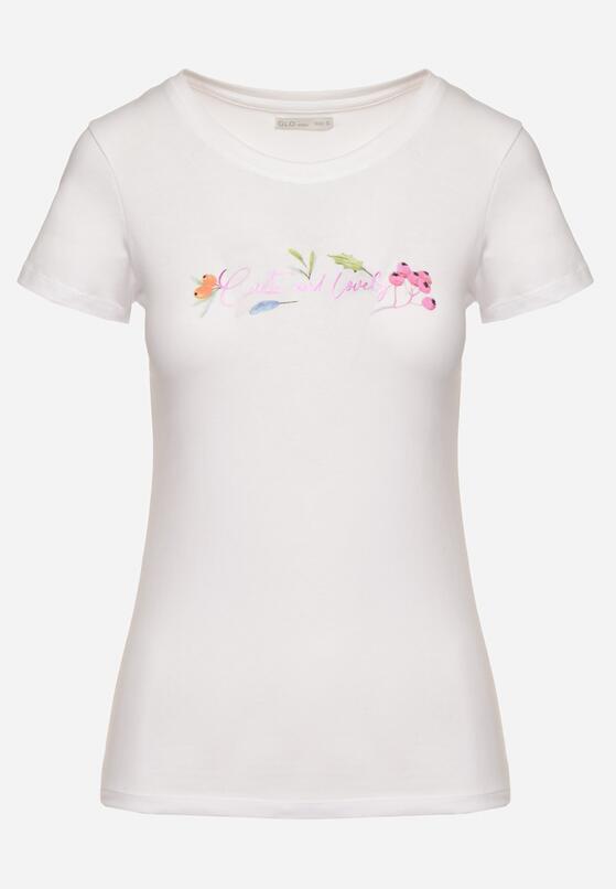 Biały Bawełniany T-shirt z Ozdobnym Nadrukiem Zaromira 6